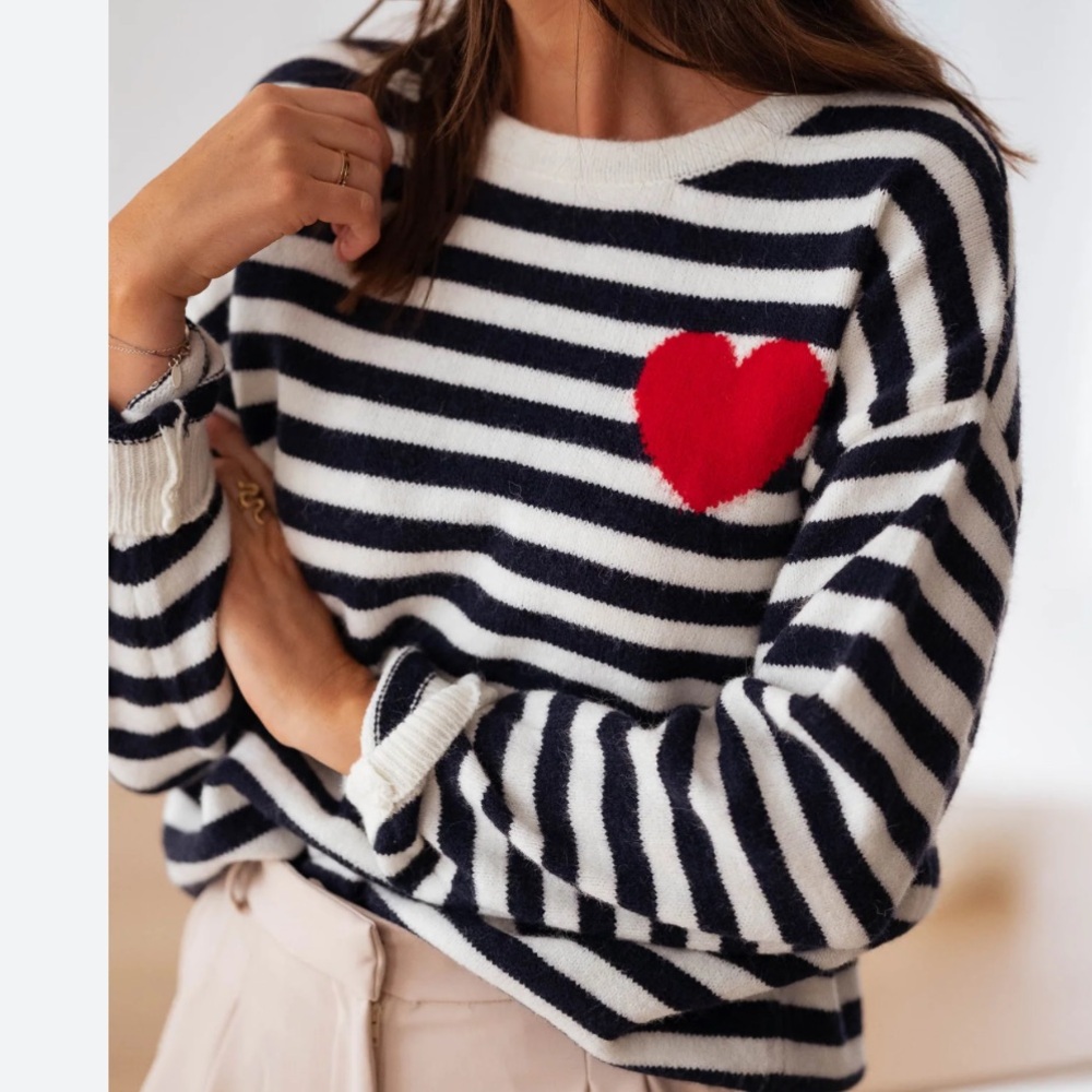 Brave Soul London Black and White Striped Sweater with Red Heart